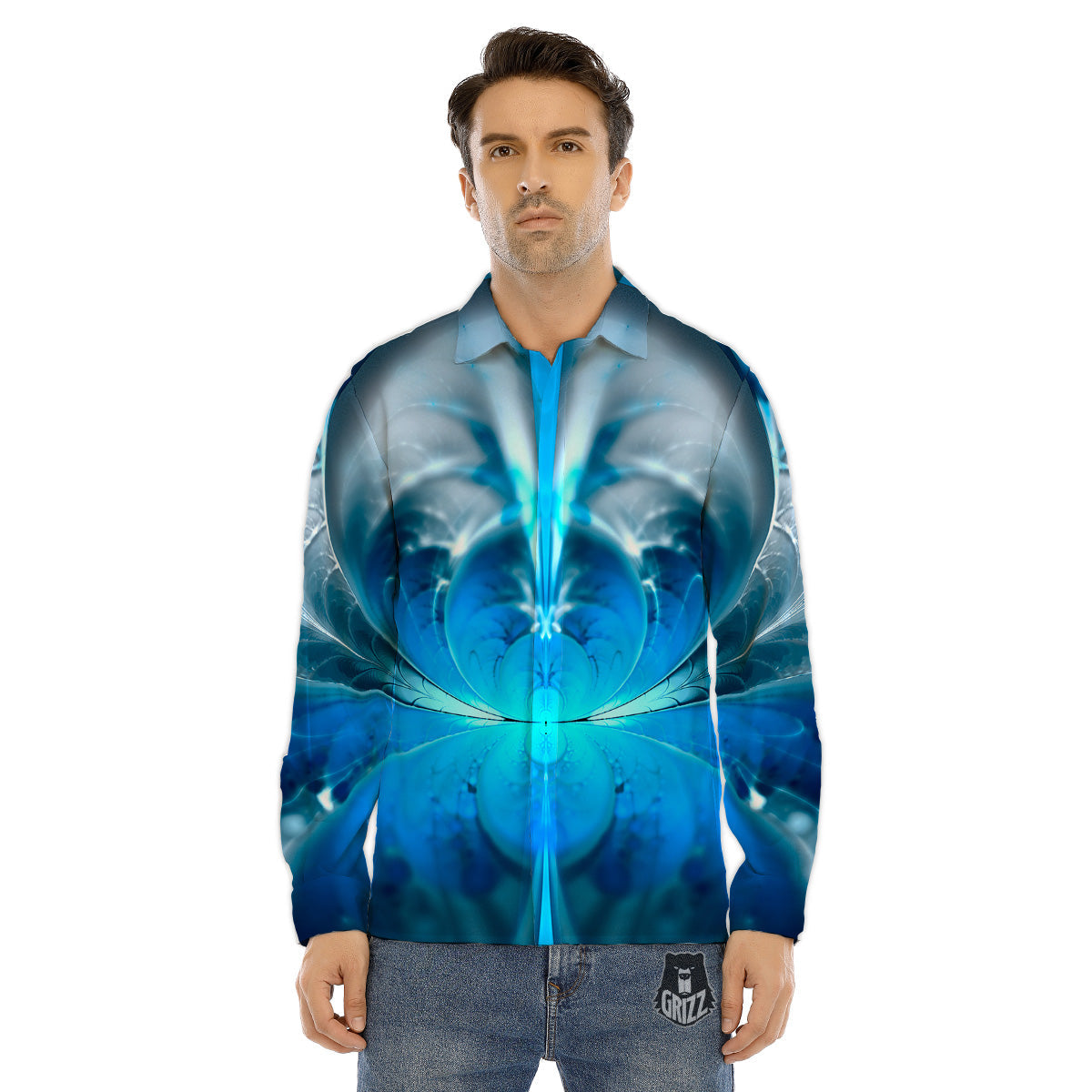 Fractal Blue Print Men's Dress Shirts-grizzshop
