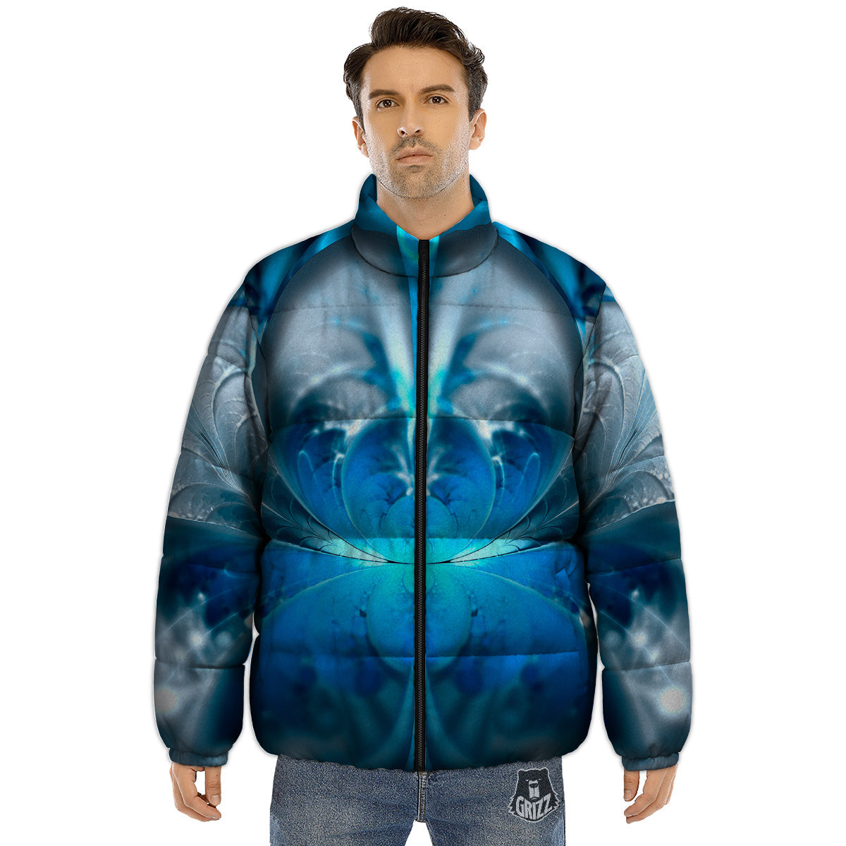 Fractal Blue Print Puffer Jacket-grizzshop
