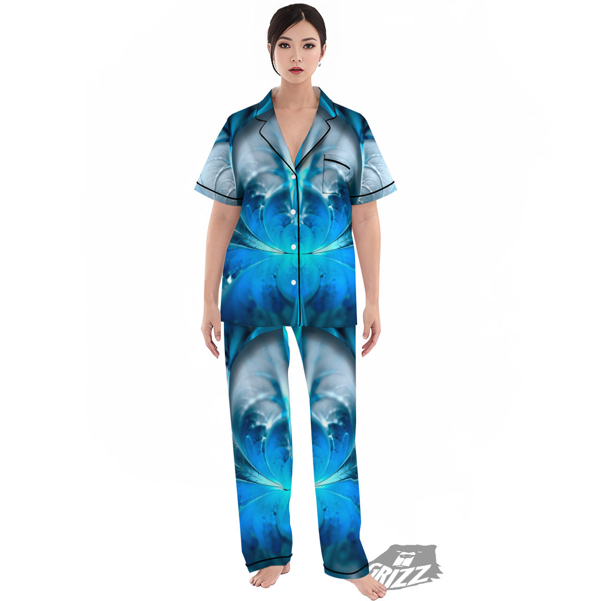 Fractal Blue Print Women's Pajamas Set-grizzshop