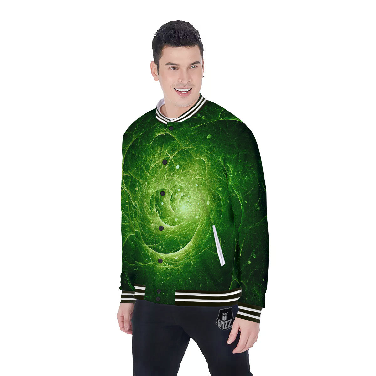 Fractal Green Print Baseball Jacket-grizzshop