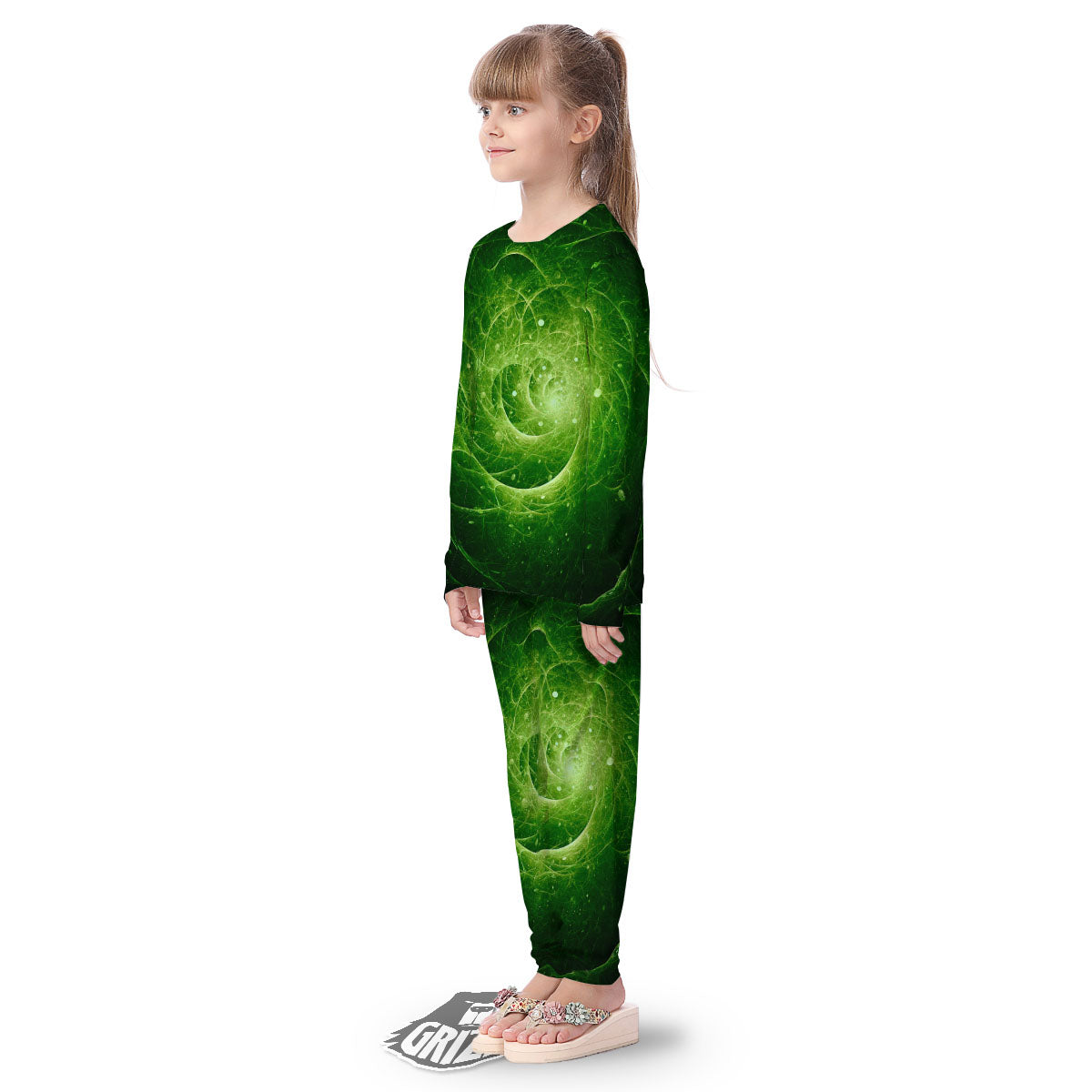 Fractal Green Print Kid's Pajamas-grizzshop