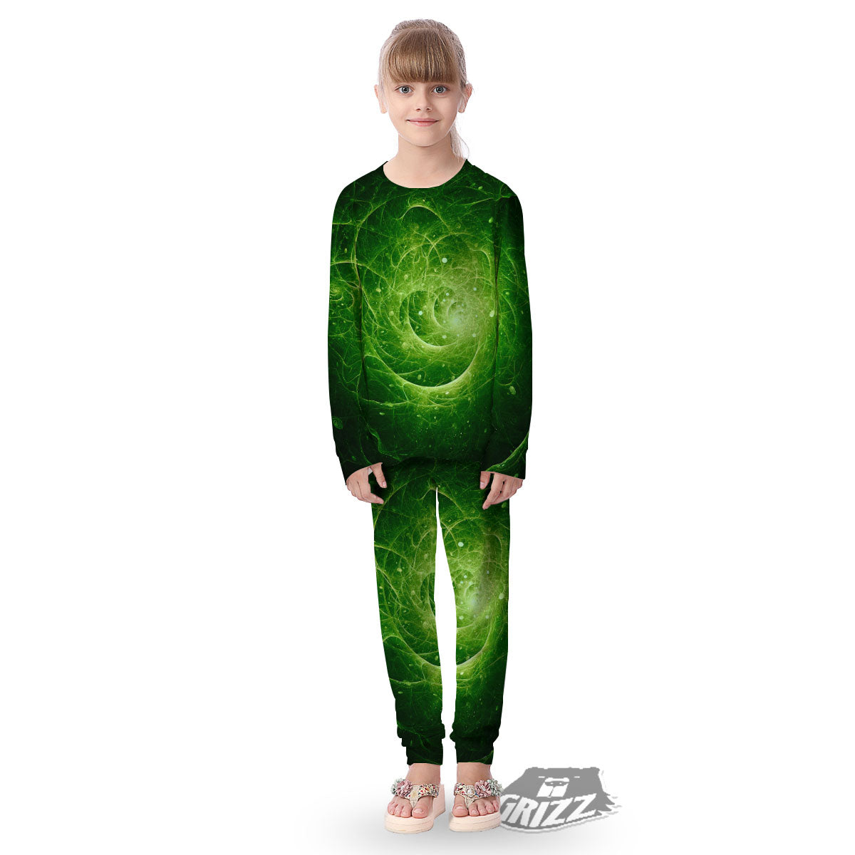 Fractal Green Print Kid's Pajamas-grizzshop