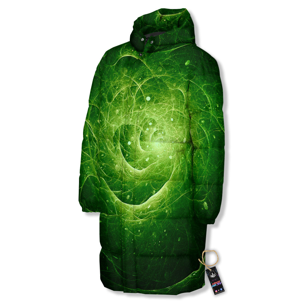 Fractal Green Print Long Down Jacket-grizzshop