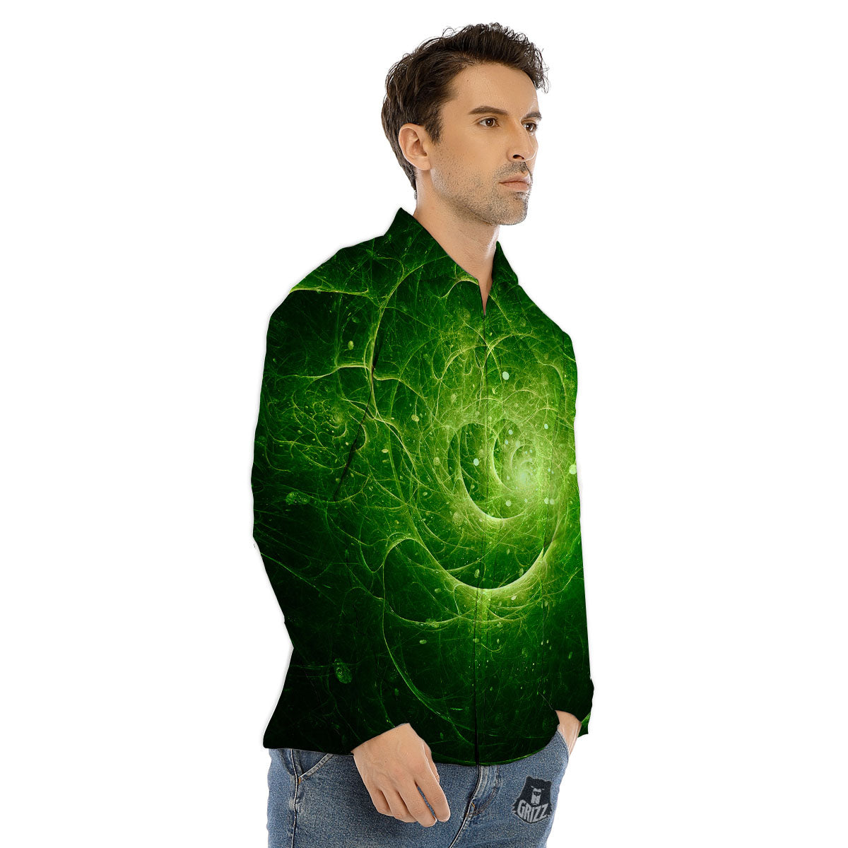 Fractal Green Print Men's Dress Shirts-grizzshop