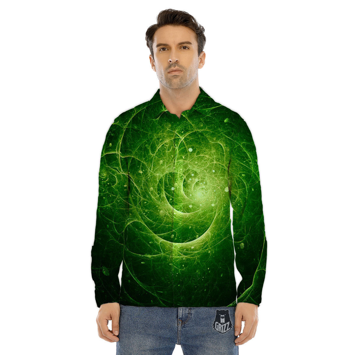 Fractal Green Print Men's Dress Shirts-grizzshop