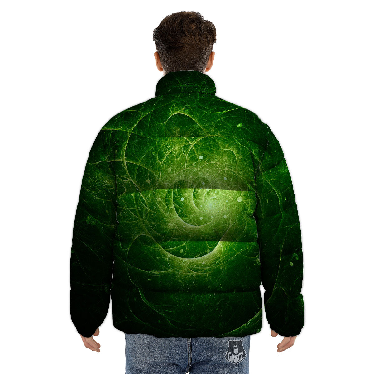 Fractal Green Print Puffer Jacket-grizzshop