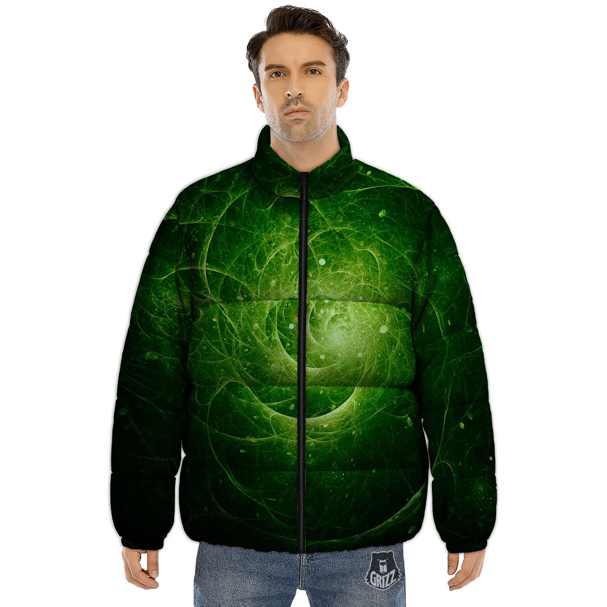 Fractal Green Print Puffer Jacket-grizzshop