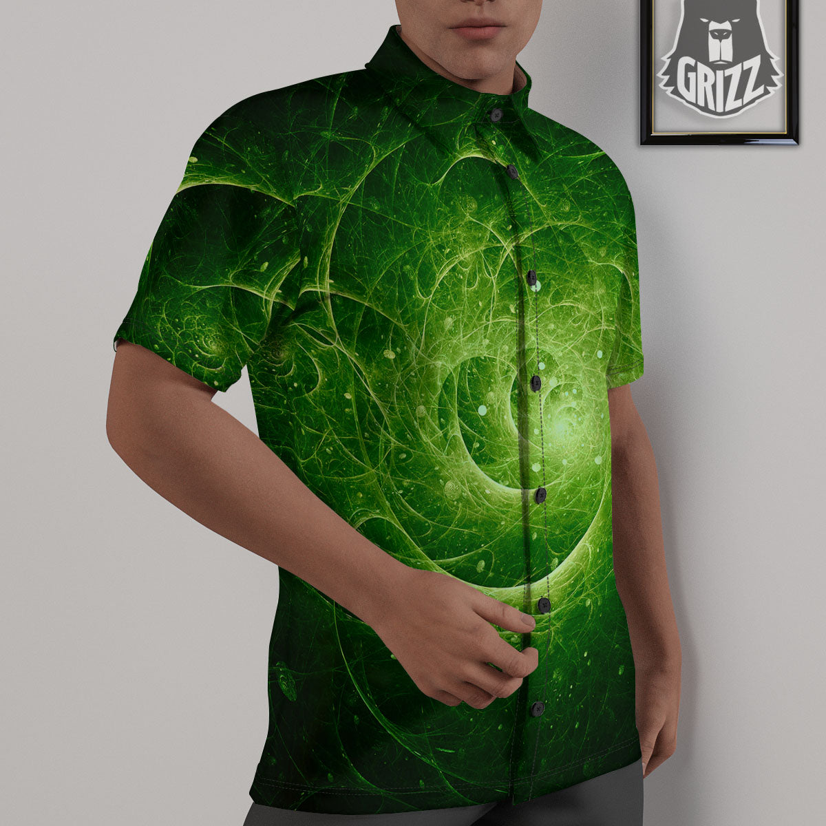 Fractal Green Print Untucked Shirts-grizzshop