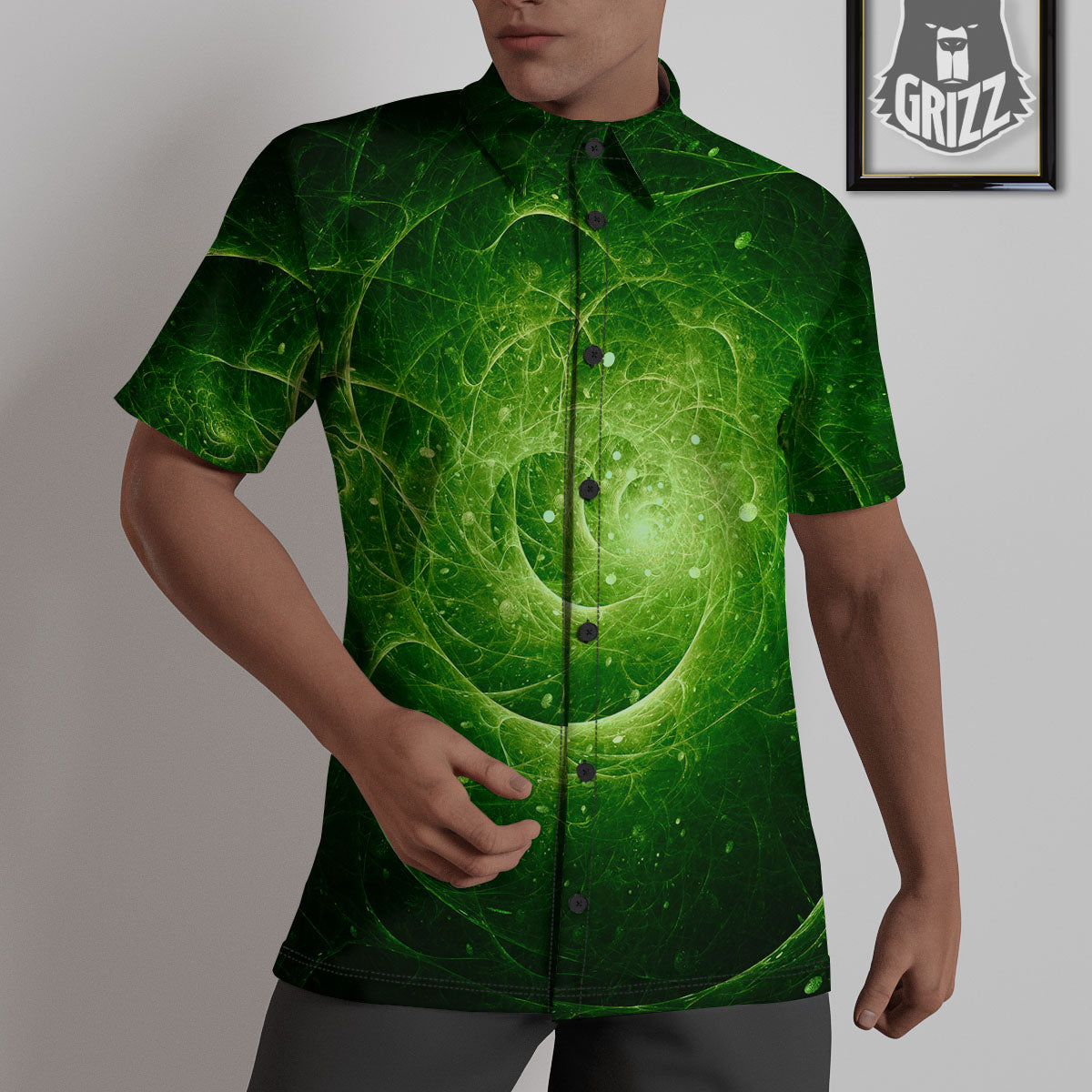 Fractal Green Print Untucked Shirts-grizzshop