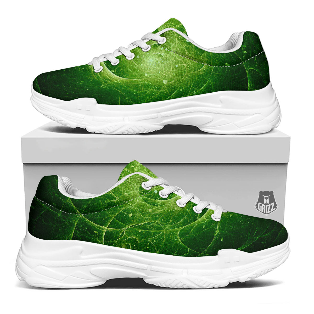 Fractal Green Print White Chunky Shoes-grizzshop