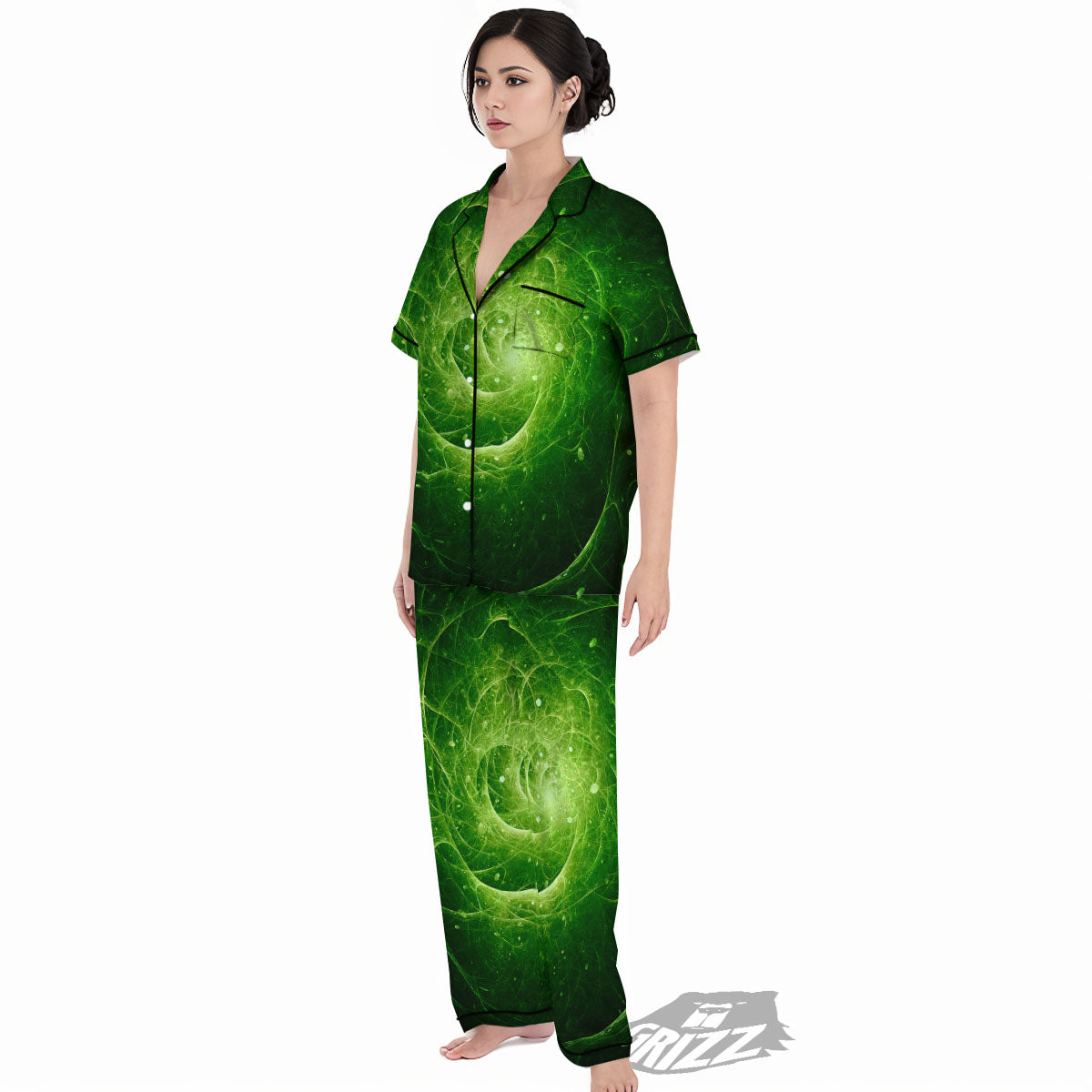 Fractal Green Print Women's Pajamas Set-grizzshop