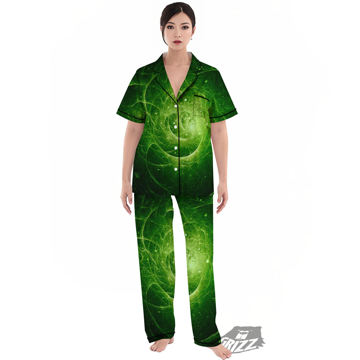 Fractal Green Print Women's Pajamas Set-grizzshop