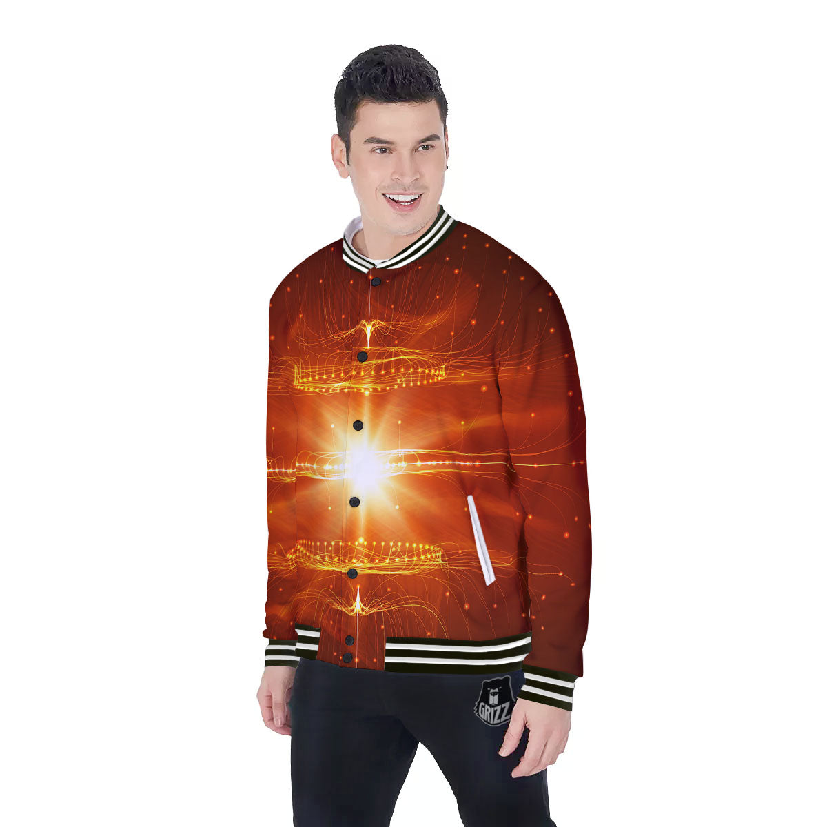 Fractal Light Print Baseball Jacket-grizzshop