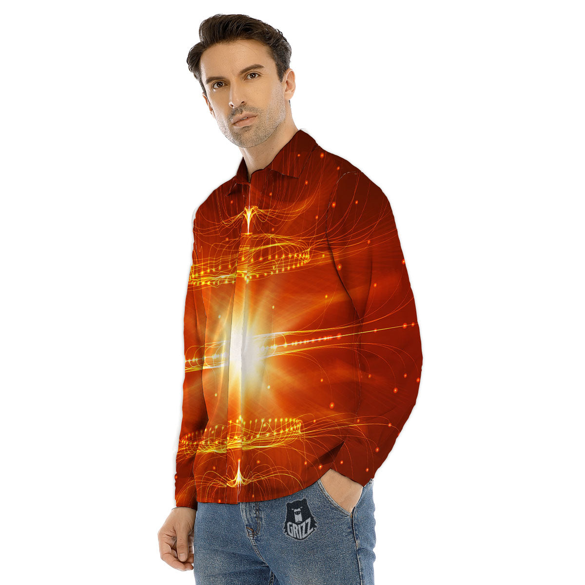 Fractal Light Print Men's Dress Shirts-grizzshop