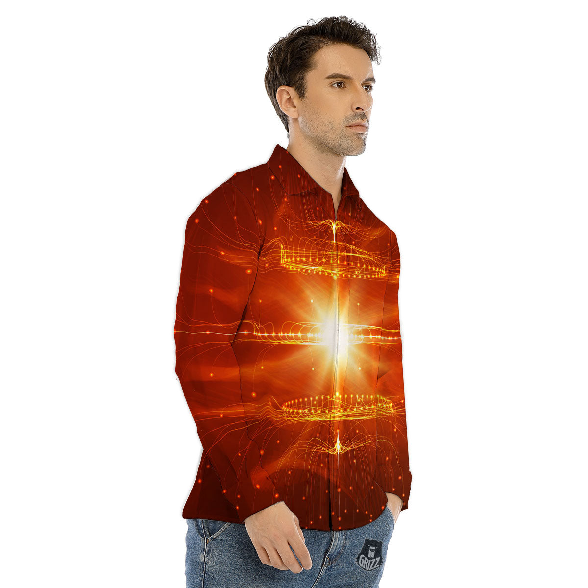Fractal Light Print Men's Dress Shirts-grizzshop