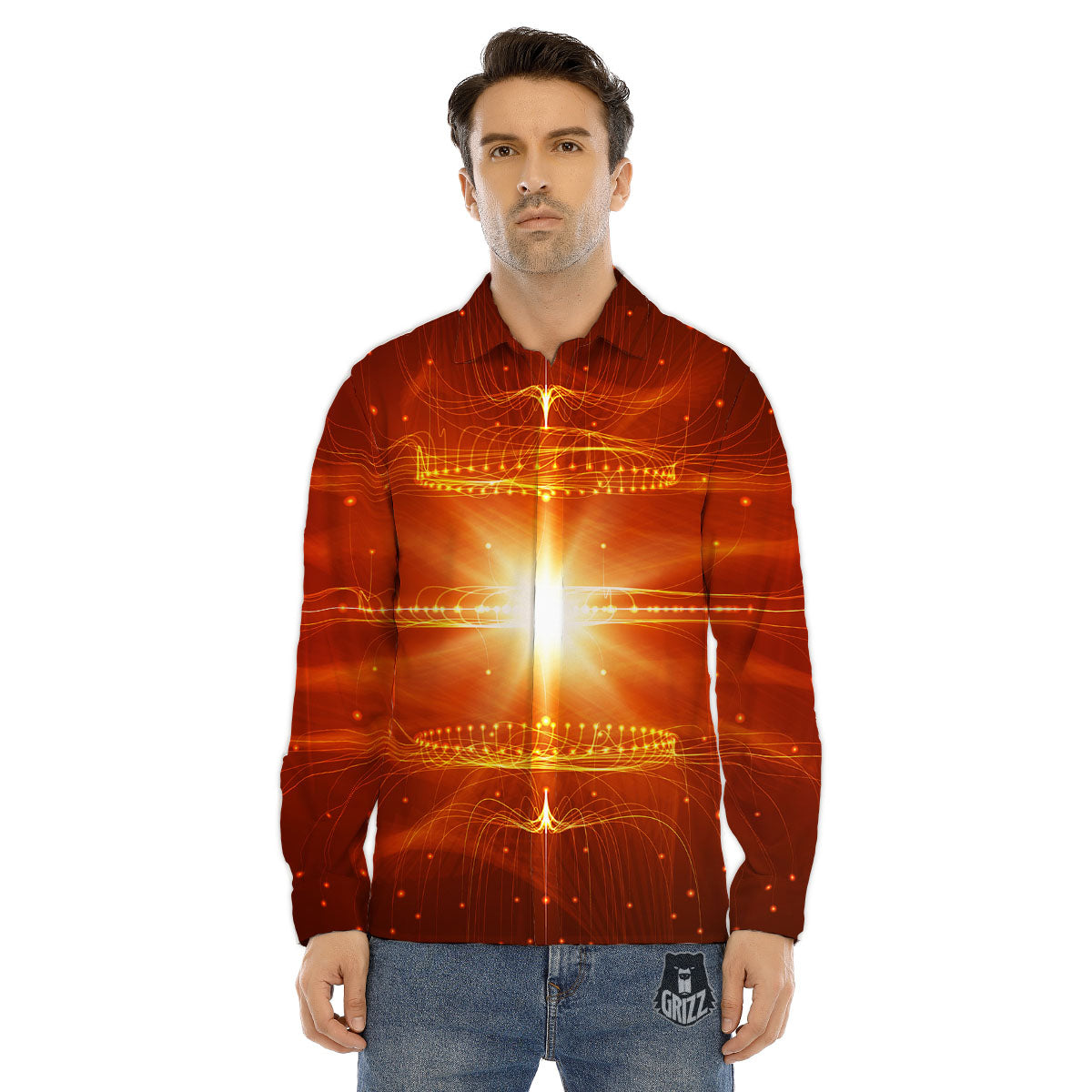 Fractal Light Print Men's Dress Shirts-grizzshop