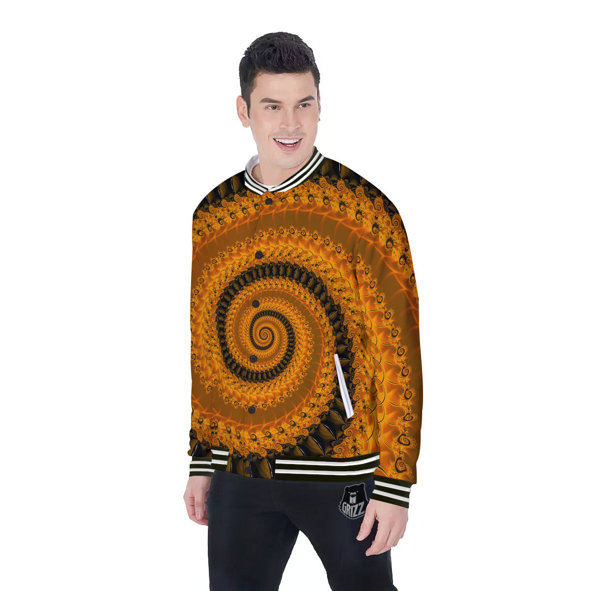 Fractal Orange Print Baseball Jacket-grizzshop