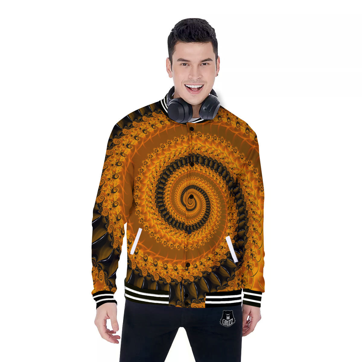 Fractal Orange Print Baseball Jacket-grizzshop