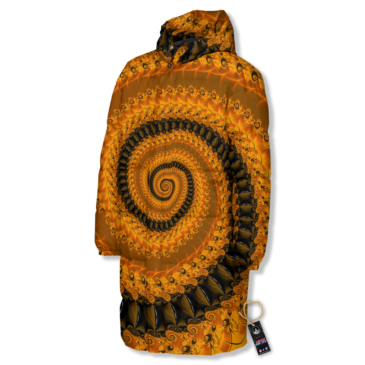 Fractal Orange Print Long Down Jacket-grizzshop