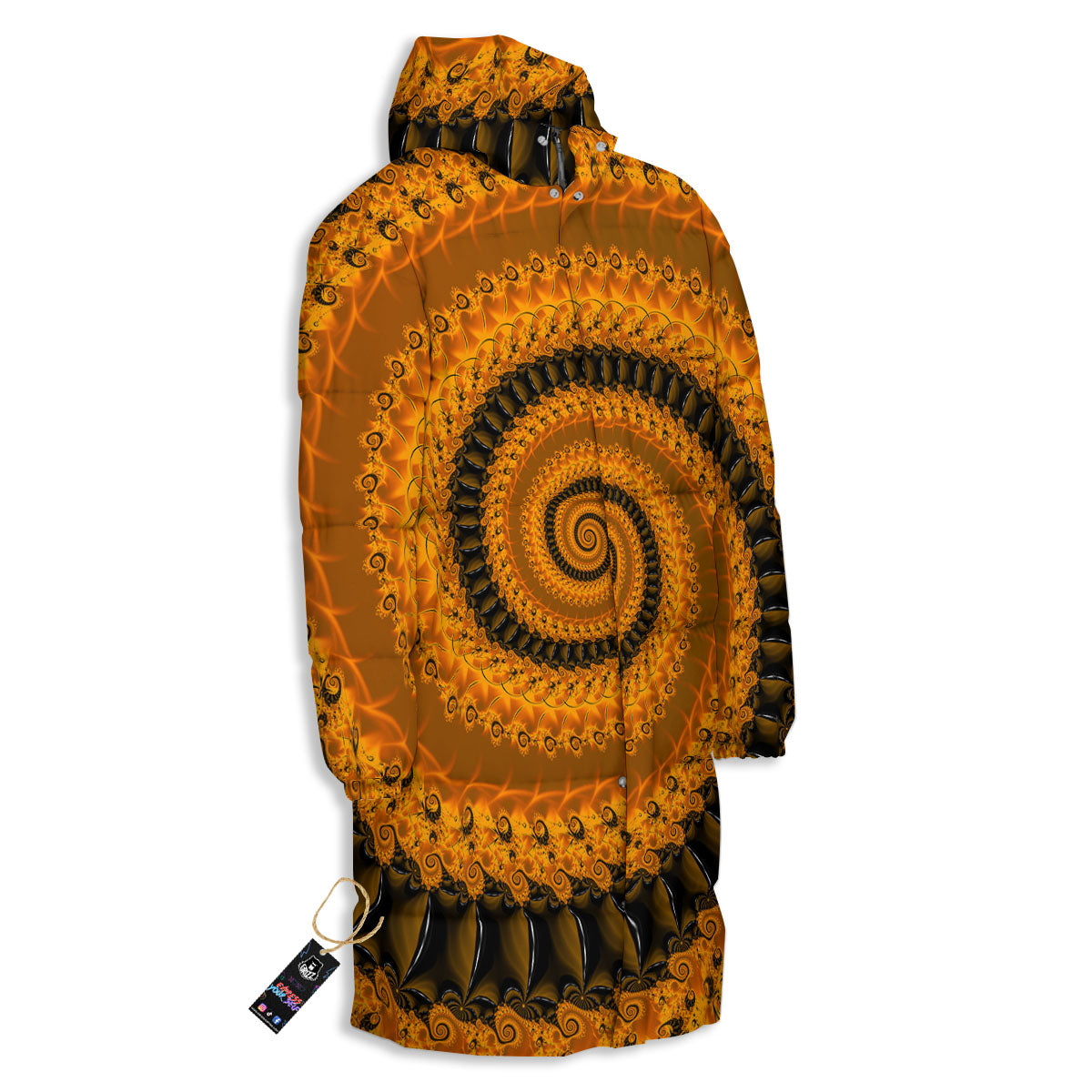 Fractal Orange Print Long Down Jacket-grizzshop