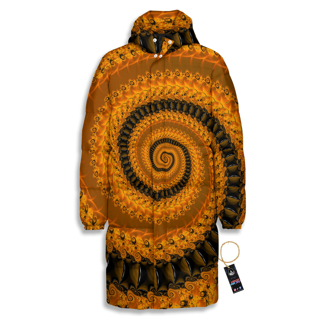 Fractal Orange Print Long Down Jacket-grizzshop