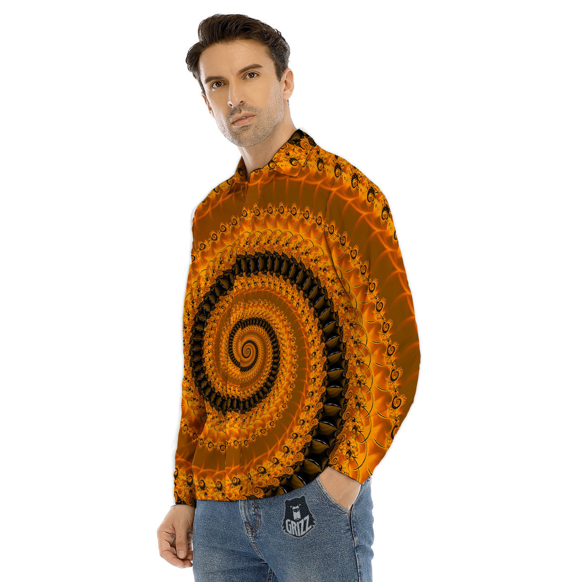 Fractal Orange Print Men's Dress Shirts-grizzshop