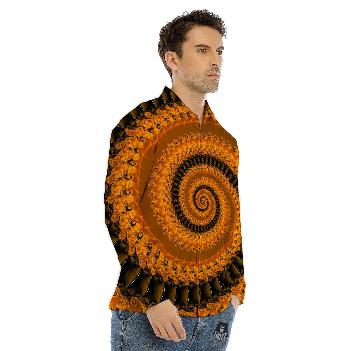 Fractal Orange Print Men's Dress Shirts-grizzshop
