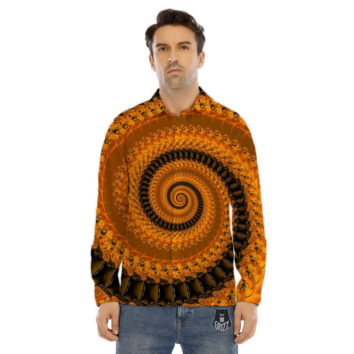 Fractal Orange Print Men's Dress Shirts-grizzshop