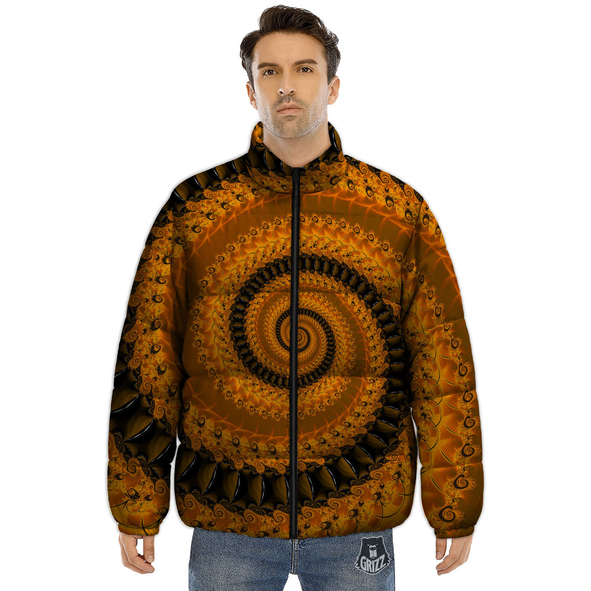 Fractal Orange Print Puffer Jacket-grizzshop