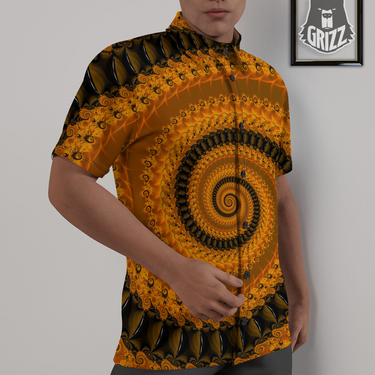 Fractal Orange Print Untucked Shirts-grizzshop
