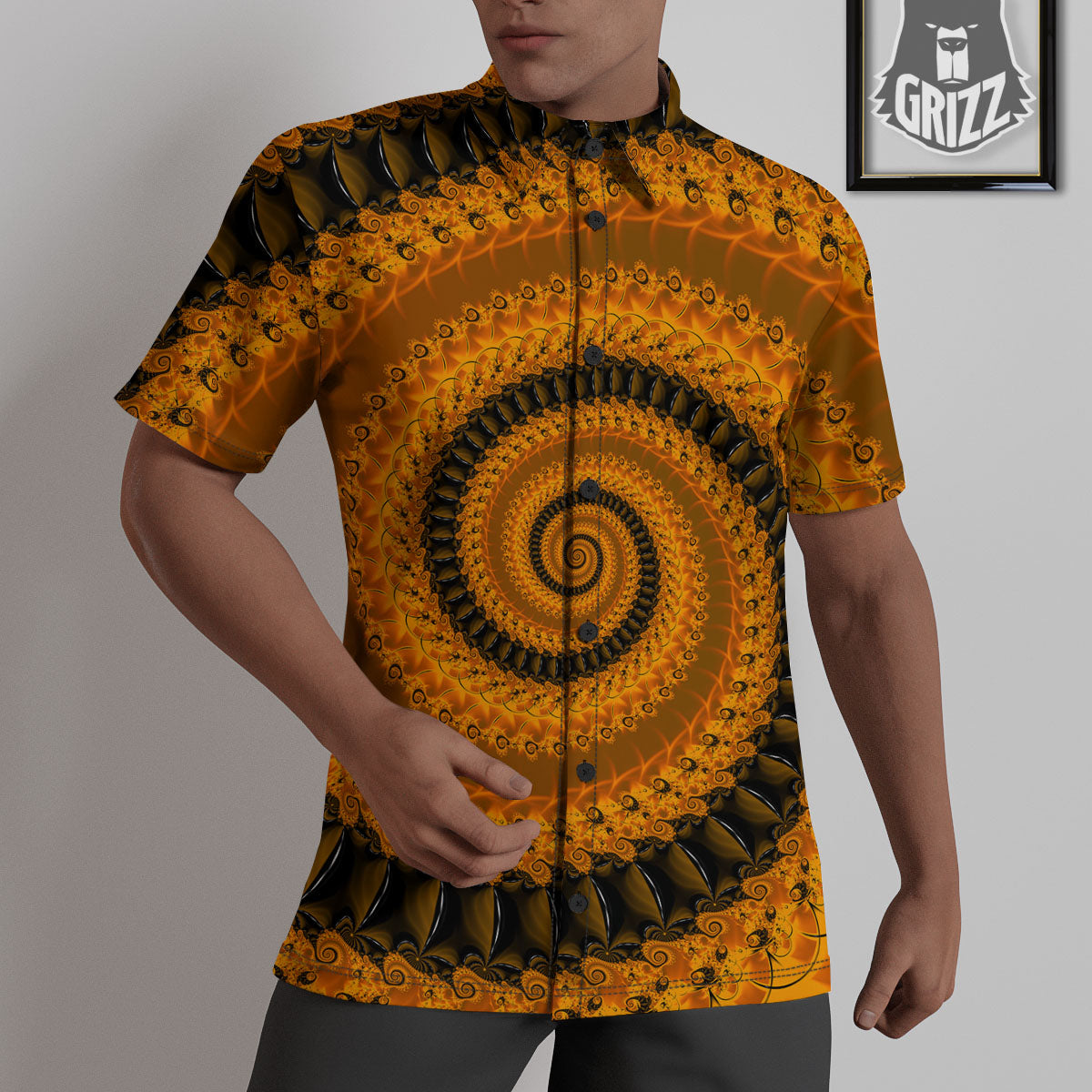 Fractal Orange Print Untucked Shirts-grizzshop