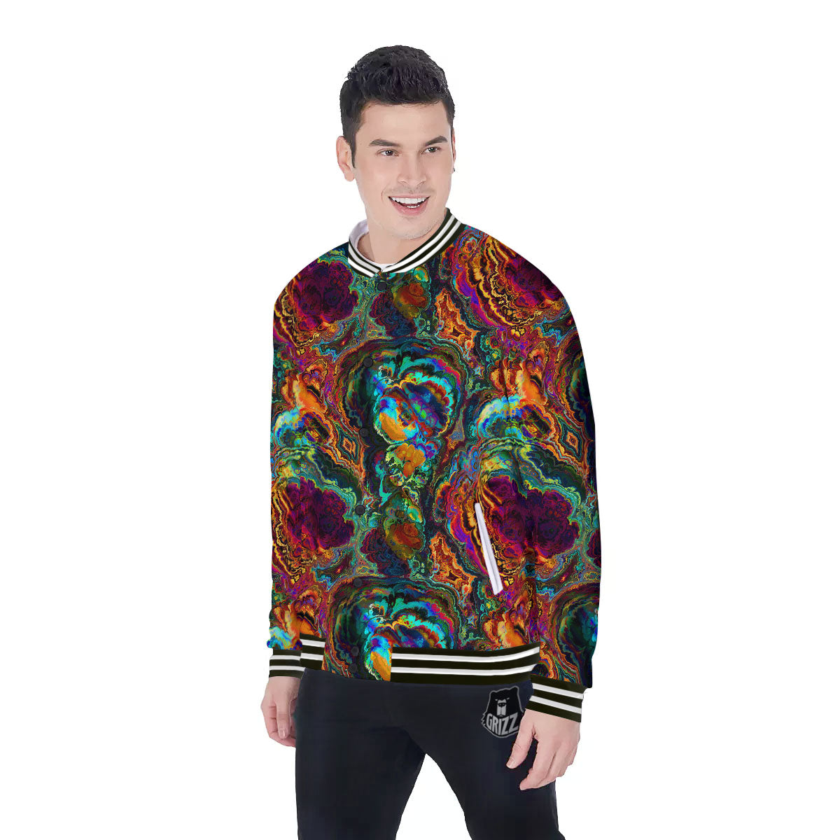 Fractal Psychedelic Print Pattern Baseball Jacket-grizzshop