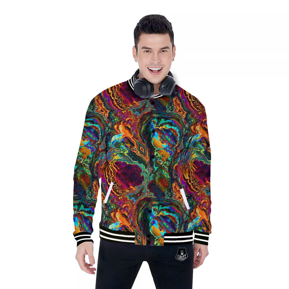 Fractal Psychedelic Print Pattern Baseball Jacket-grizzshop