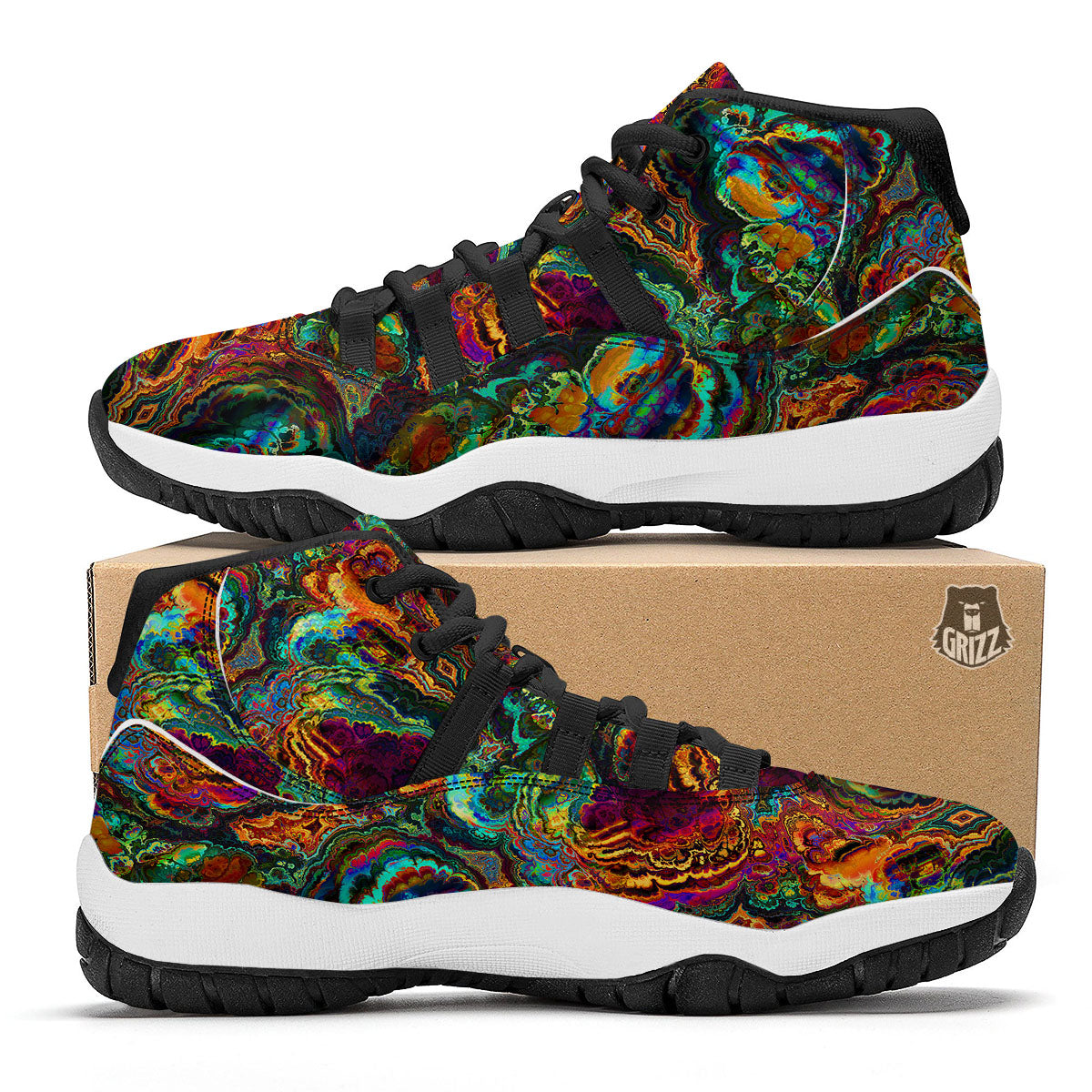 Fractal Psychedelic Print Pattern Black Bball Shoes-grizzshop