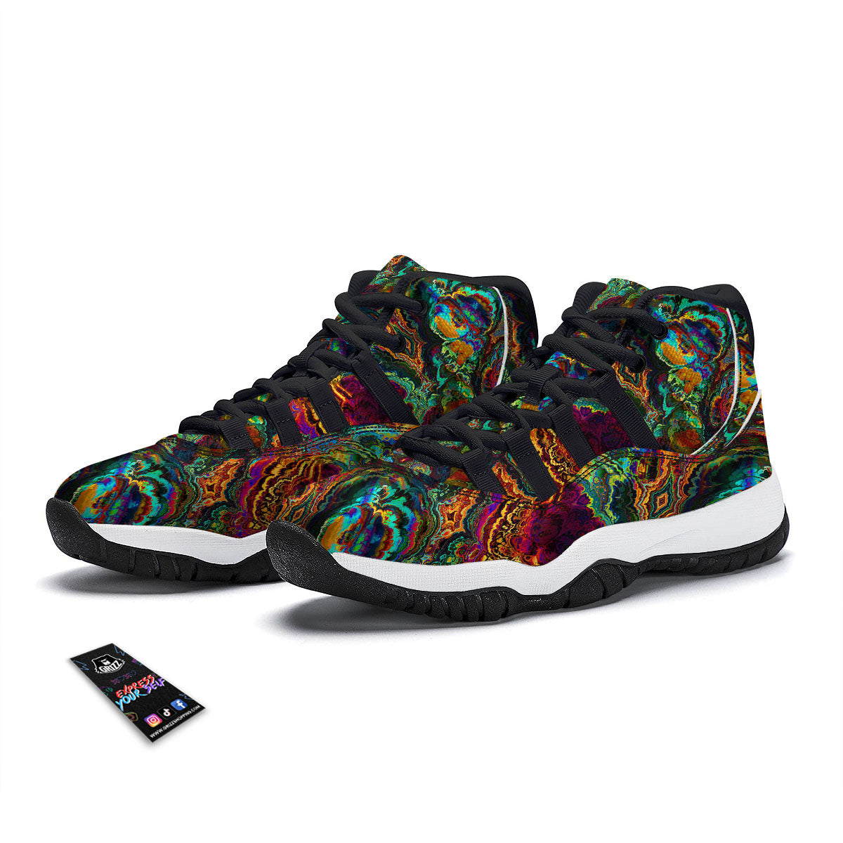 Fractal Psychedelic Print Pattern Black Bball Shoes-grizzshop