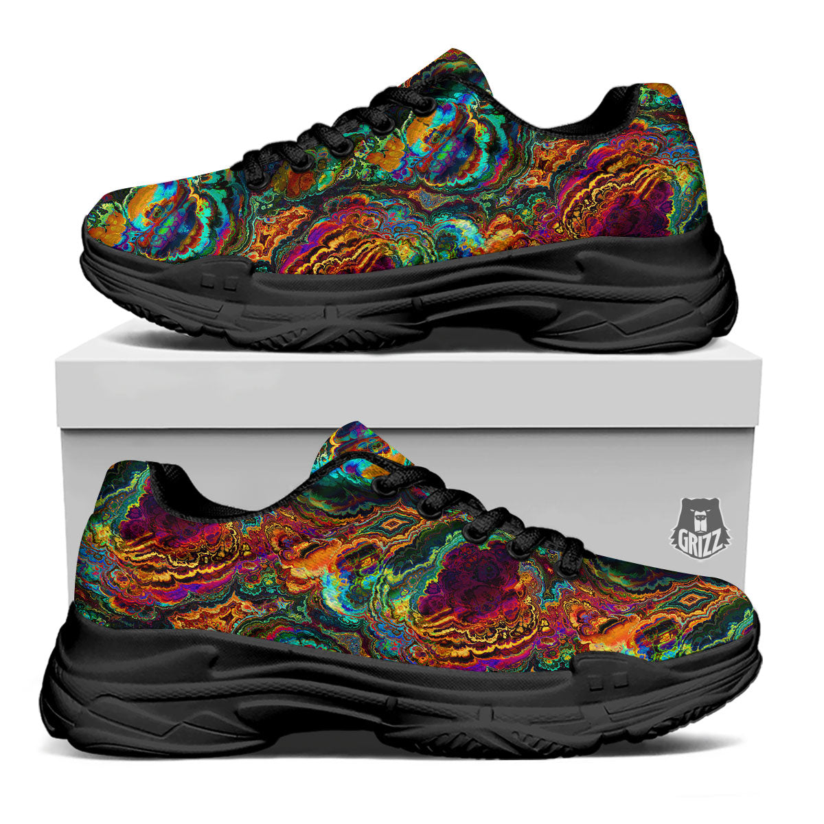 Fractal Psychedelic Print Pattern Black Chunky Shoes-grizzshop