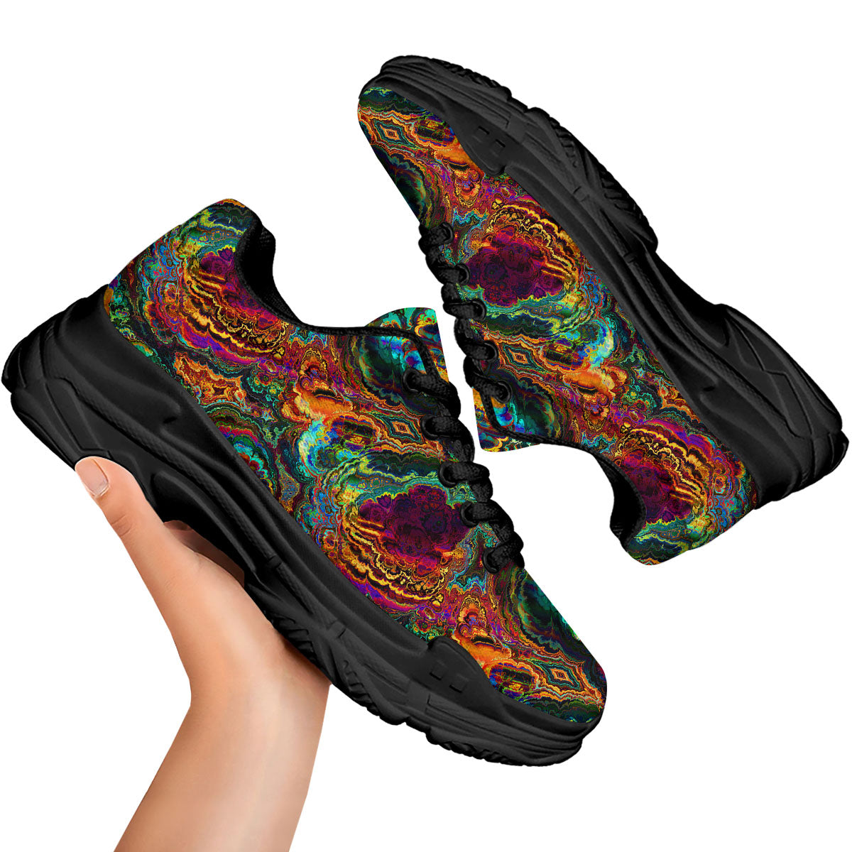 Fractal Psychedelic Print Pattern Black Chunky Shoes-grizzshop
