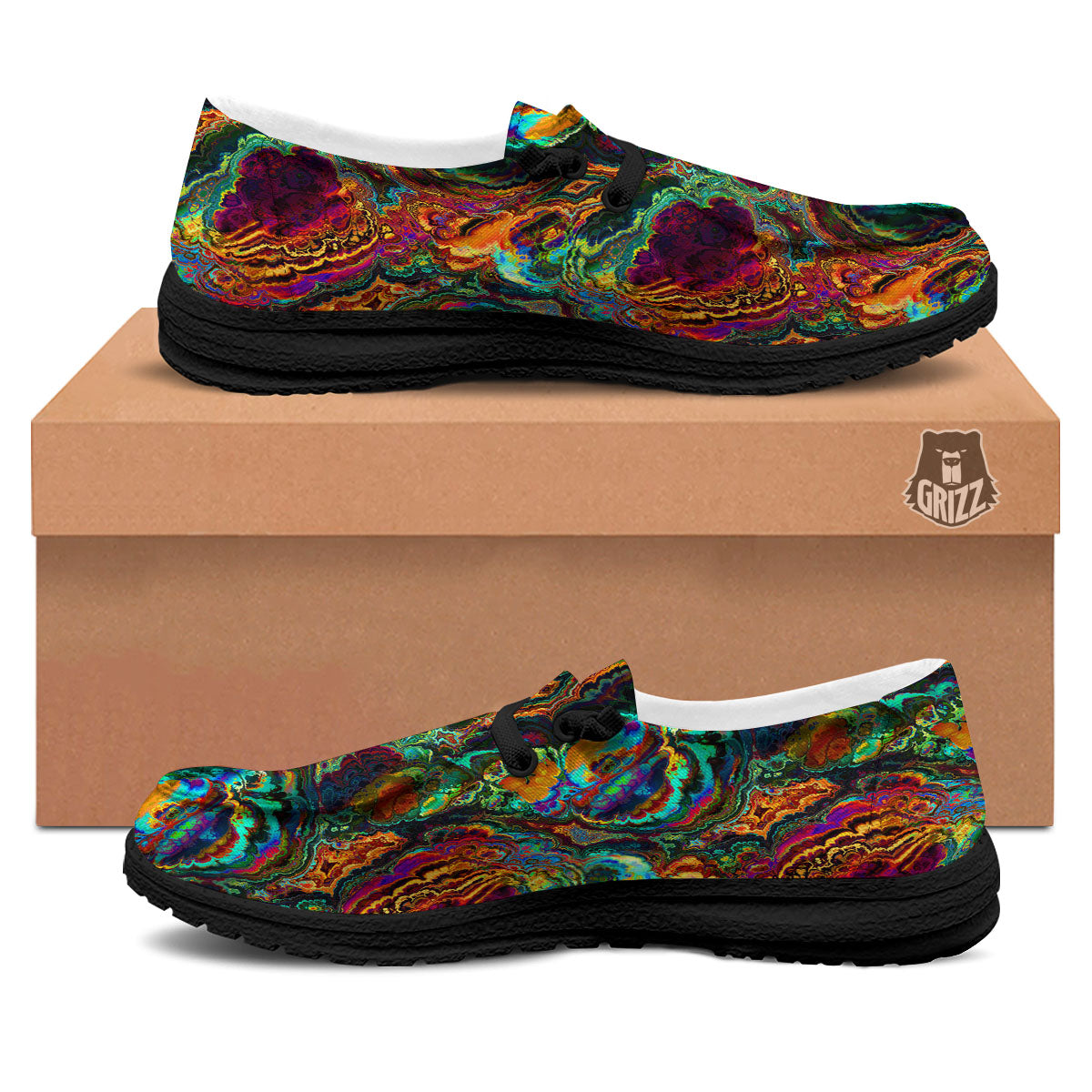 Fractal Psychedelic Print Pattern Black Loafers-grizzshop