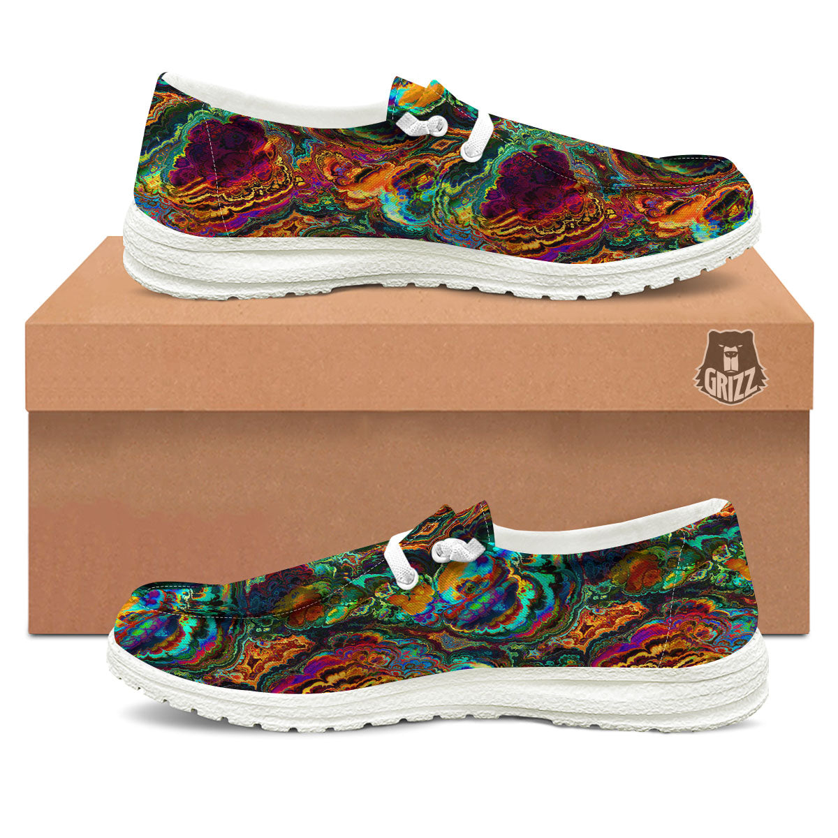 Fractal Psychedelic Print Pattern Black Loafers-grizzshop