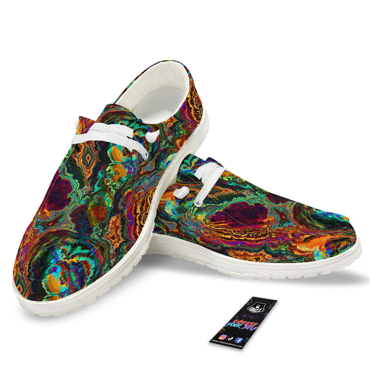 Fractal Psychedelic Print Pattern Black Loafers-grizzshop