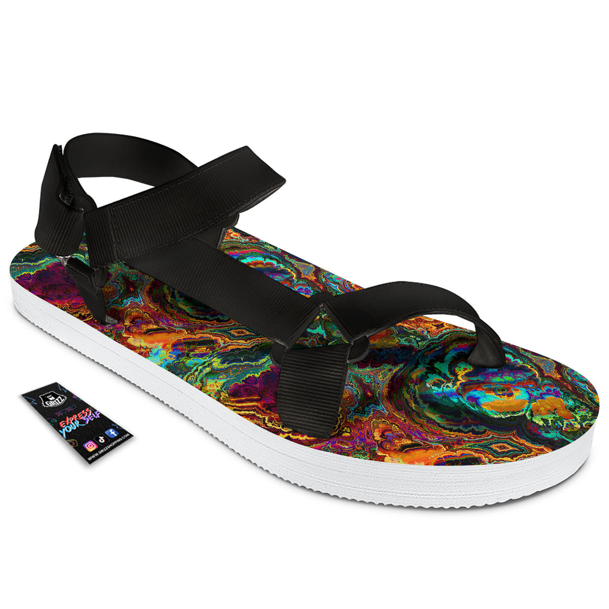 Fractal Psychedelic Print Pattern Black Open Toe Sandals-grizzshop