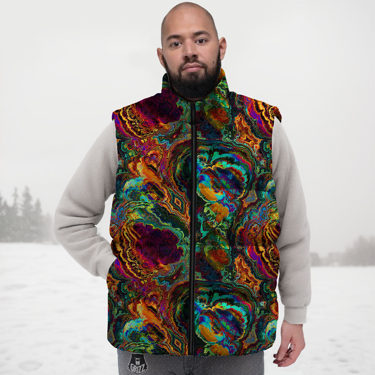 Fractal Psychedelic Print Pattern Down Vest