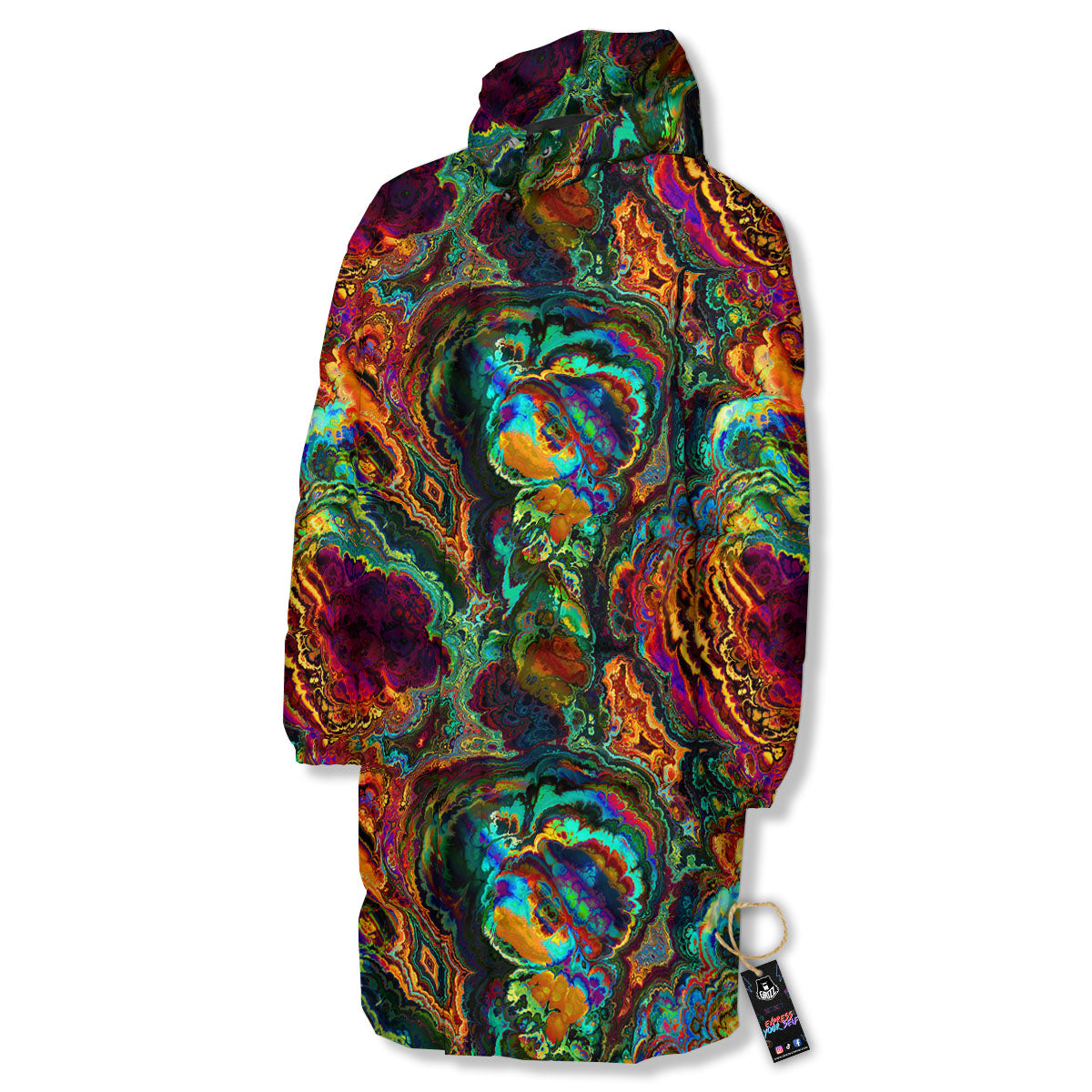 Fractal Psychedelic Print Pattern Long Down Jacket-grizzshop