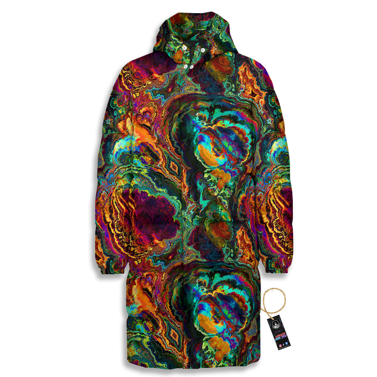Fractal Psychedelic Print Pattern Long Down Jacket-grizzshop