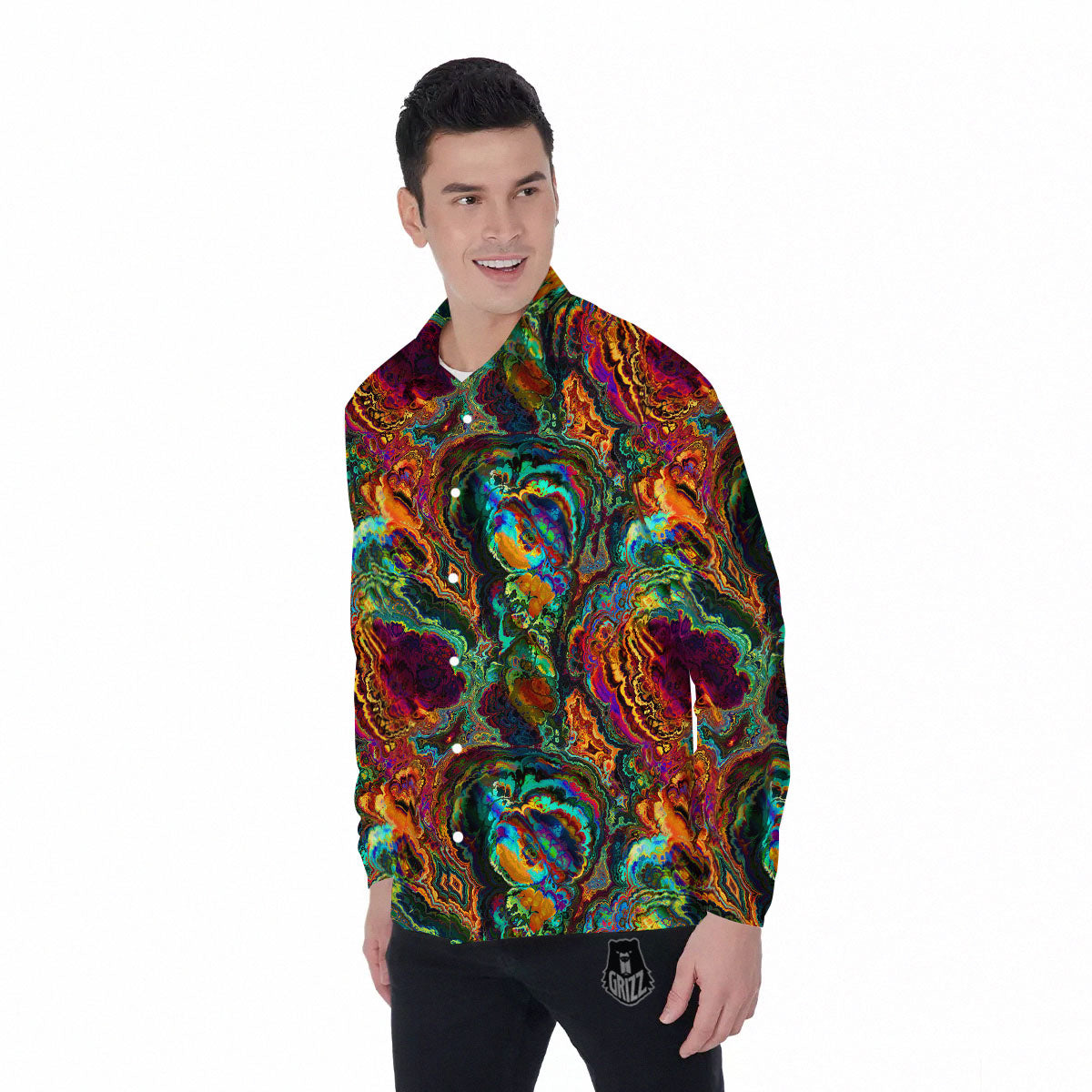 Fractal Psychedelic Print Pattern Men's Long Sleeve Shirts-grizzshop