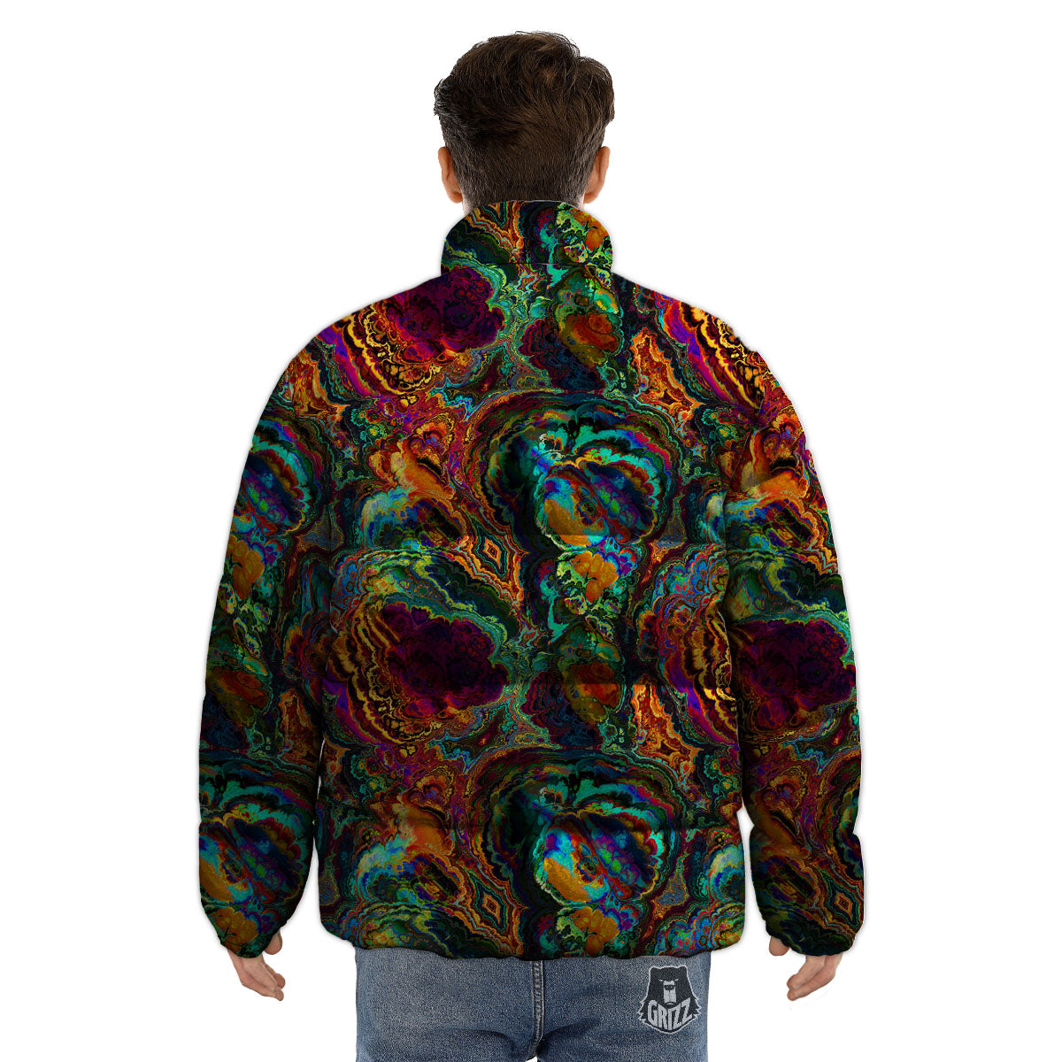 Fractal Psychedelic Print Pattern Puffer Jacket-grizzshop