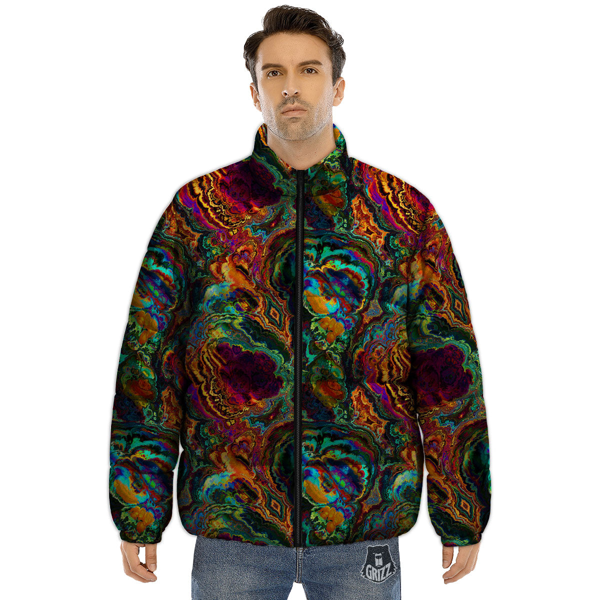 Fractal Psychedelic Print Pattern Puffer Jacket-grizzshop