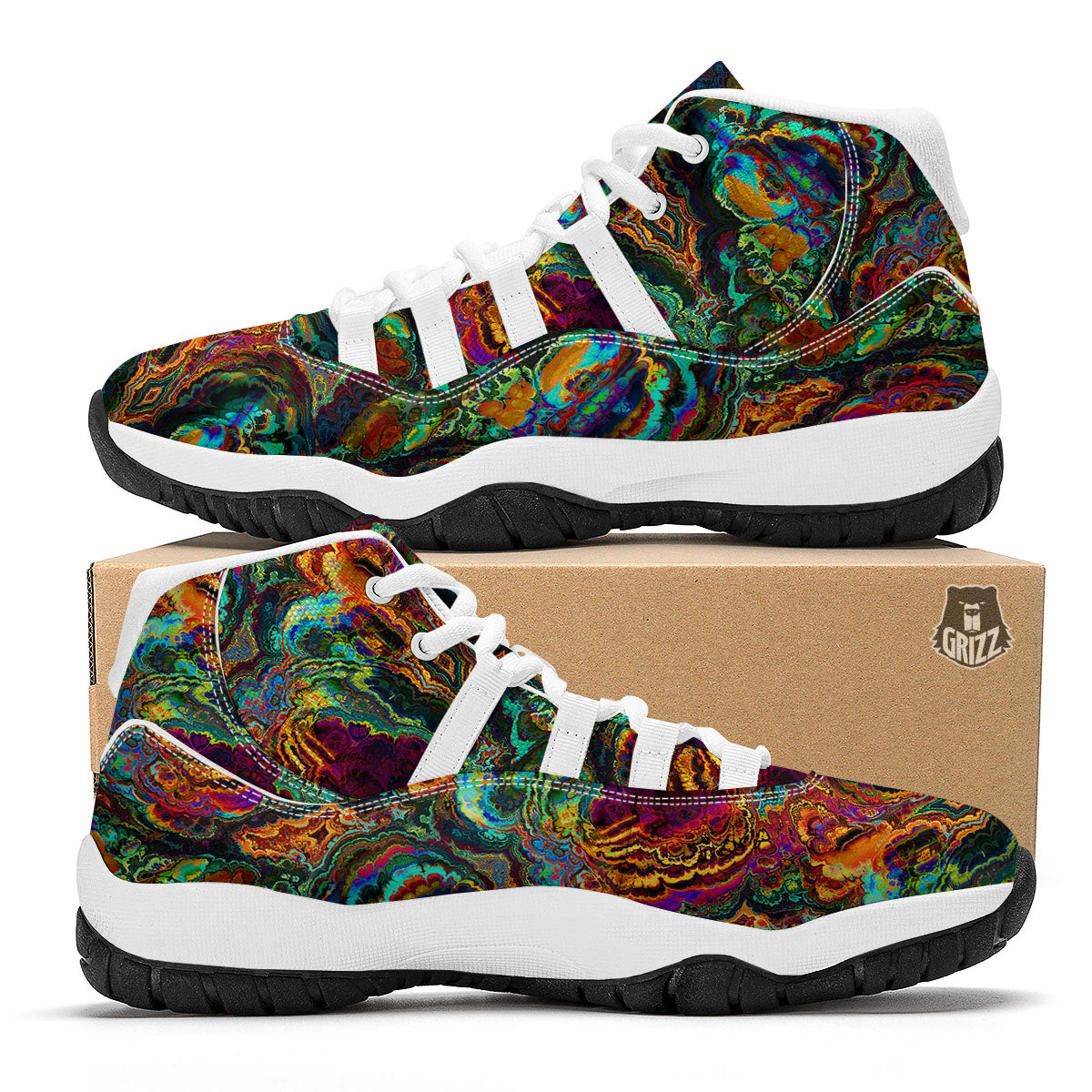 Fractal Psychedelic Print Pattern White Bball Shoes-grizzshop