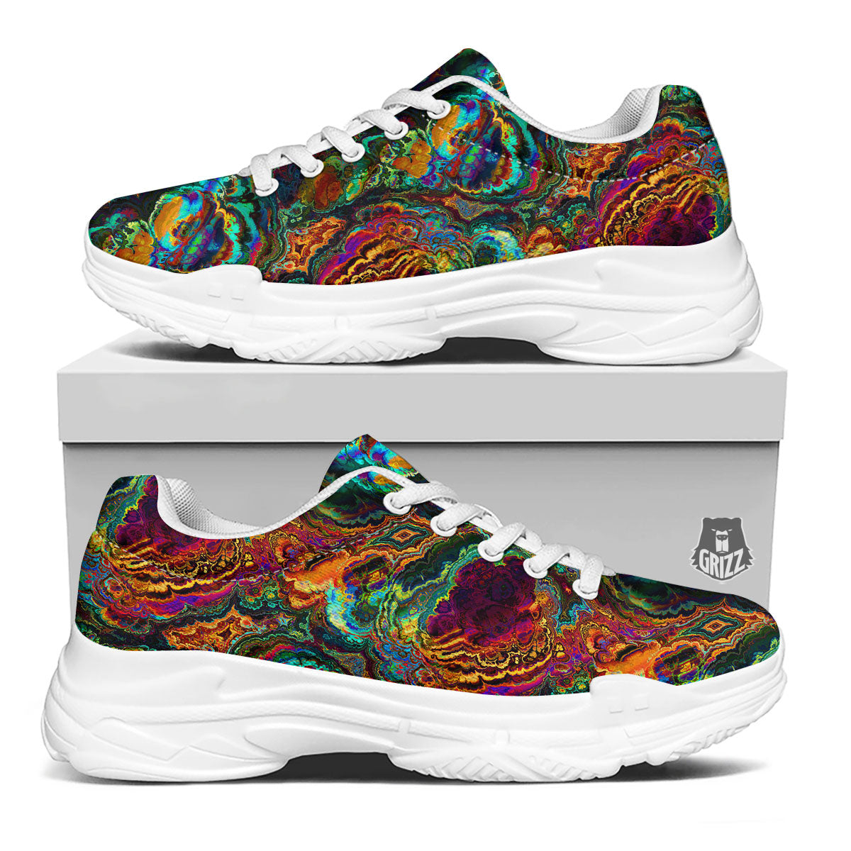 Fractal Psychedelic Print Pattern White Chunky Shoes-grizzshop