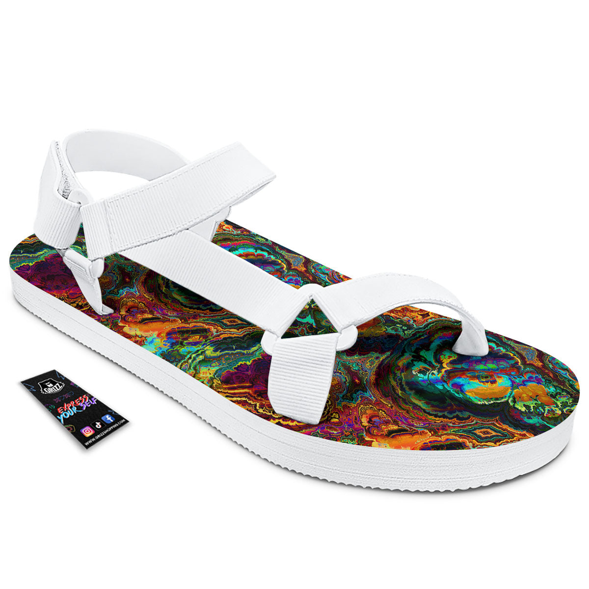 Fractal Psychedelic Print Pattern White Open Toe Sandals-grizzshop